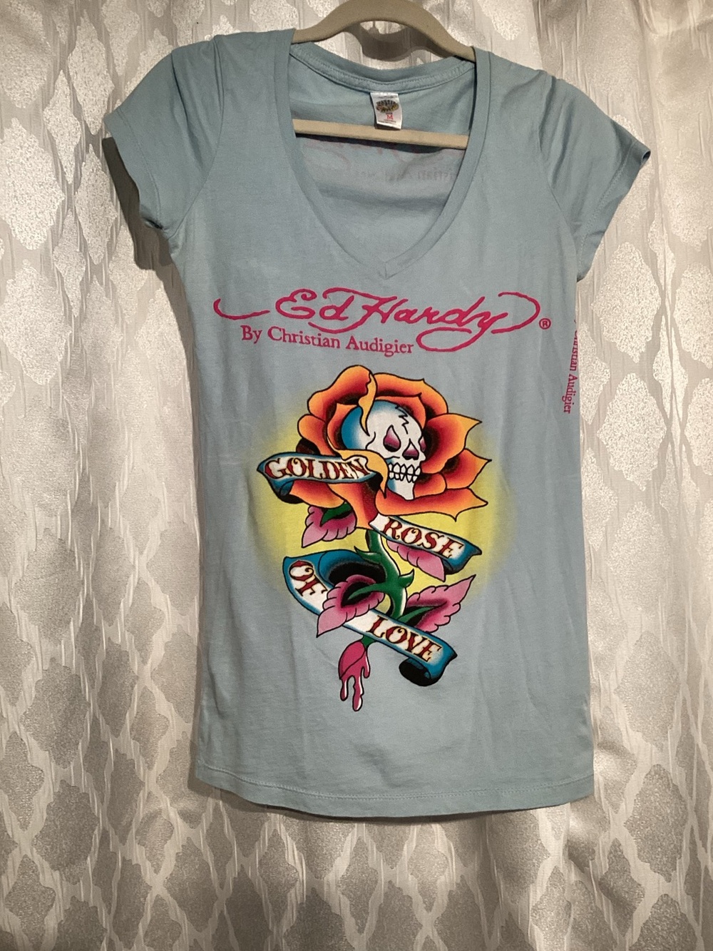 Ed Hardy Light Blue V-Neck Tee with Multicolor Rose Skull Graphic